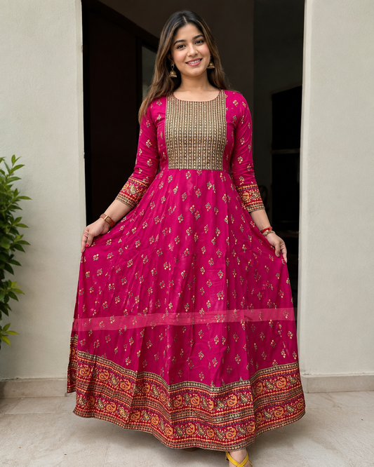 Stylish Magenta Printed Anarkali Gown with Ethnic Border™