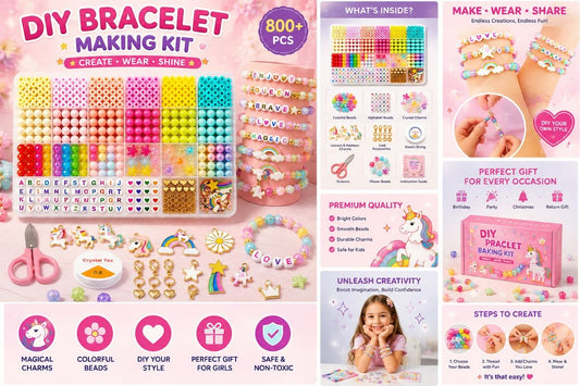 DIY Bracelet Making Kit for Kids + Colorful Beads, Letter Beads, Unicorn