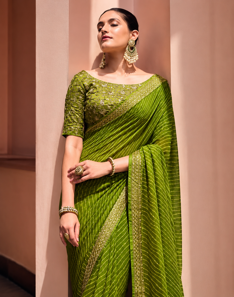 Bandhani Printed Georgette Saree with Banarasi Lace Border & Unstitched Blouse Piece™ | New Arrival | Click Craze™