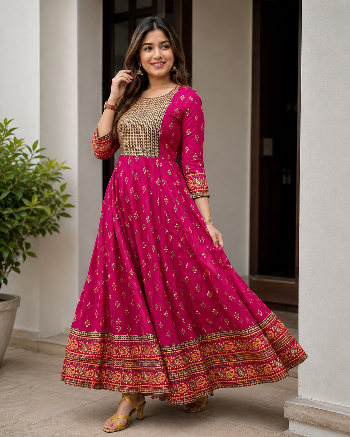 Stylish Magenta Printed Anarkali Gown with Ethnic Border™