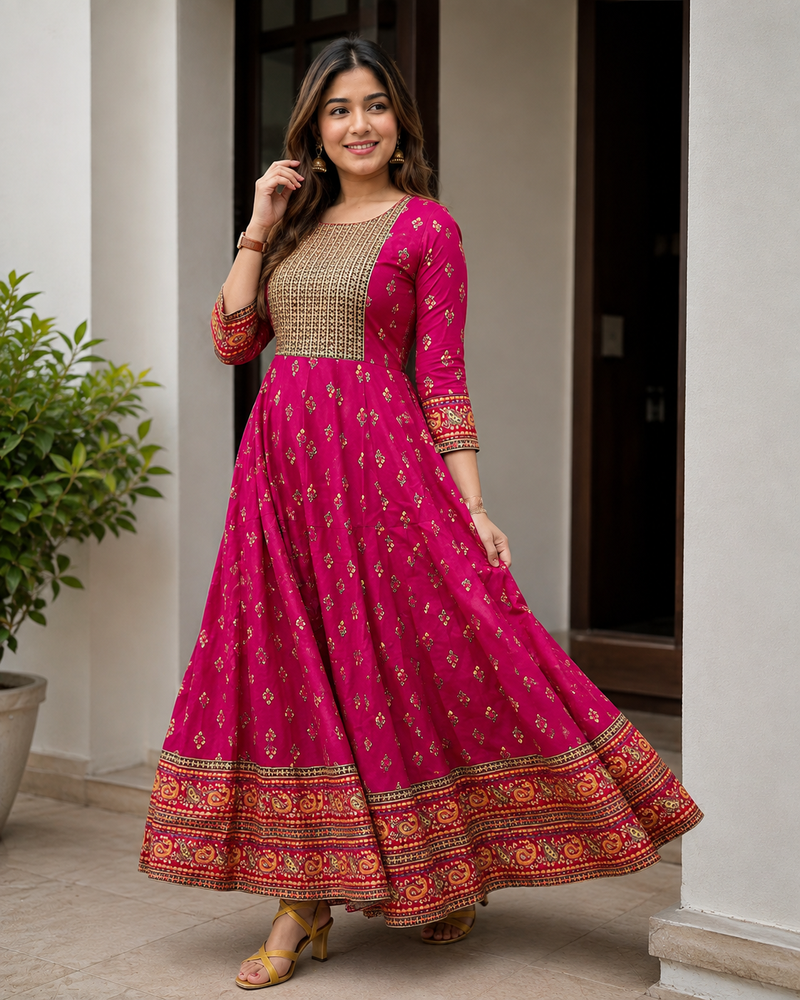 Stylish Magenta Printed Anarkali Gown with Ethnic Border™