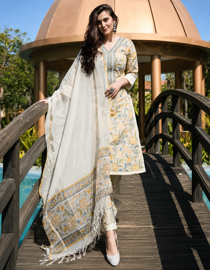 Floral Printed Cotton Suit Set with Dupatta™