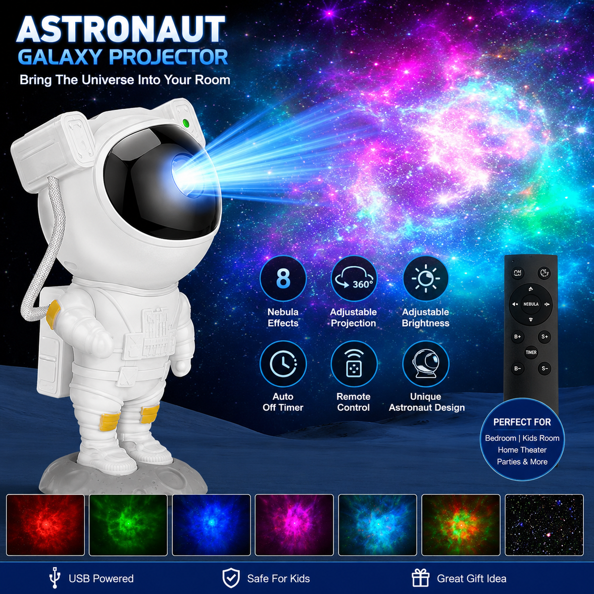 Astronaut Galaxy Star Projector Night Light – 360° Rotating LED Projector with Remote & Timer ✨