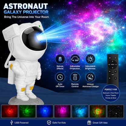 Astronaut Galaxy Star Projector Night Light – 360° Rotating LED Projector with Remote & Timer ✨