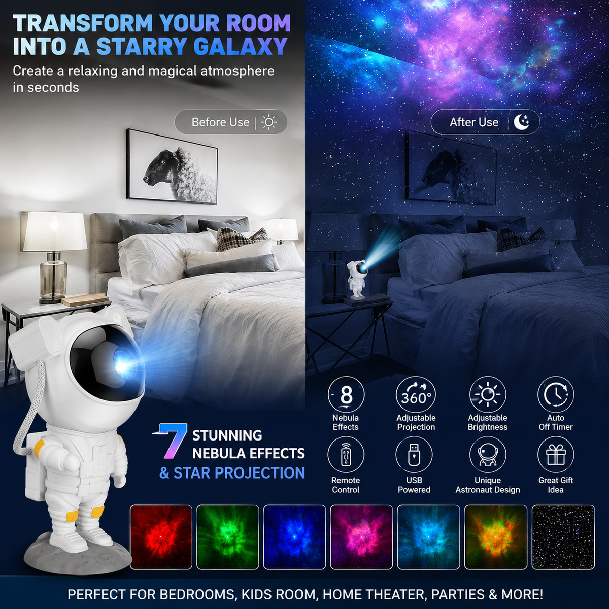 Astronaut Galaxy Star Projector Night Light – 360° Rotating LED Projector with Remote & Timer ✨