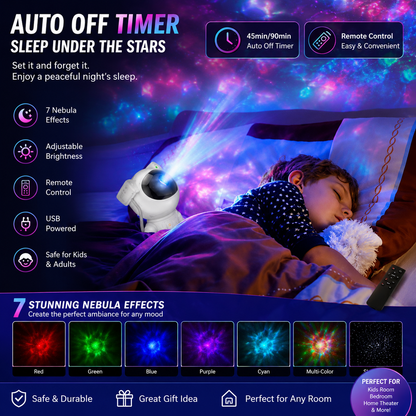 Astronaut Galaxy Star Projector Night Light – 360° Rotating LED Projector with Remote & Timer ✨
