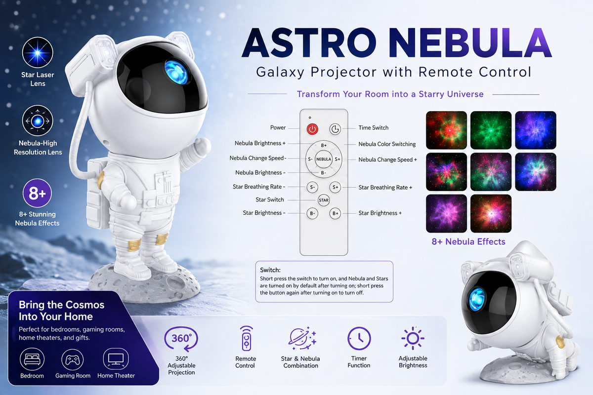 Astronaut Galaxy Star Projector Night Light – 360° Rotating LED Projector with Remote & Timer ✨