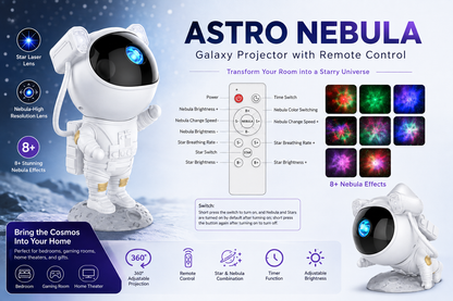 Astronaut Galaxy Star Projector Night Light – 360° Rotating LED Projector with Remote & Timer ✨