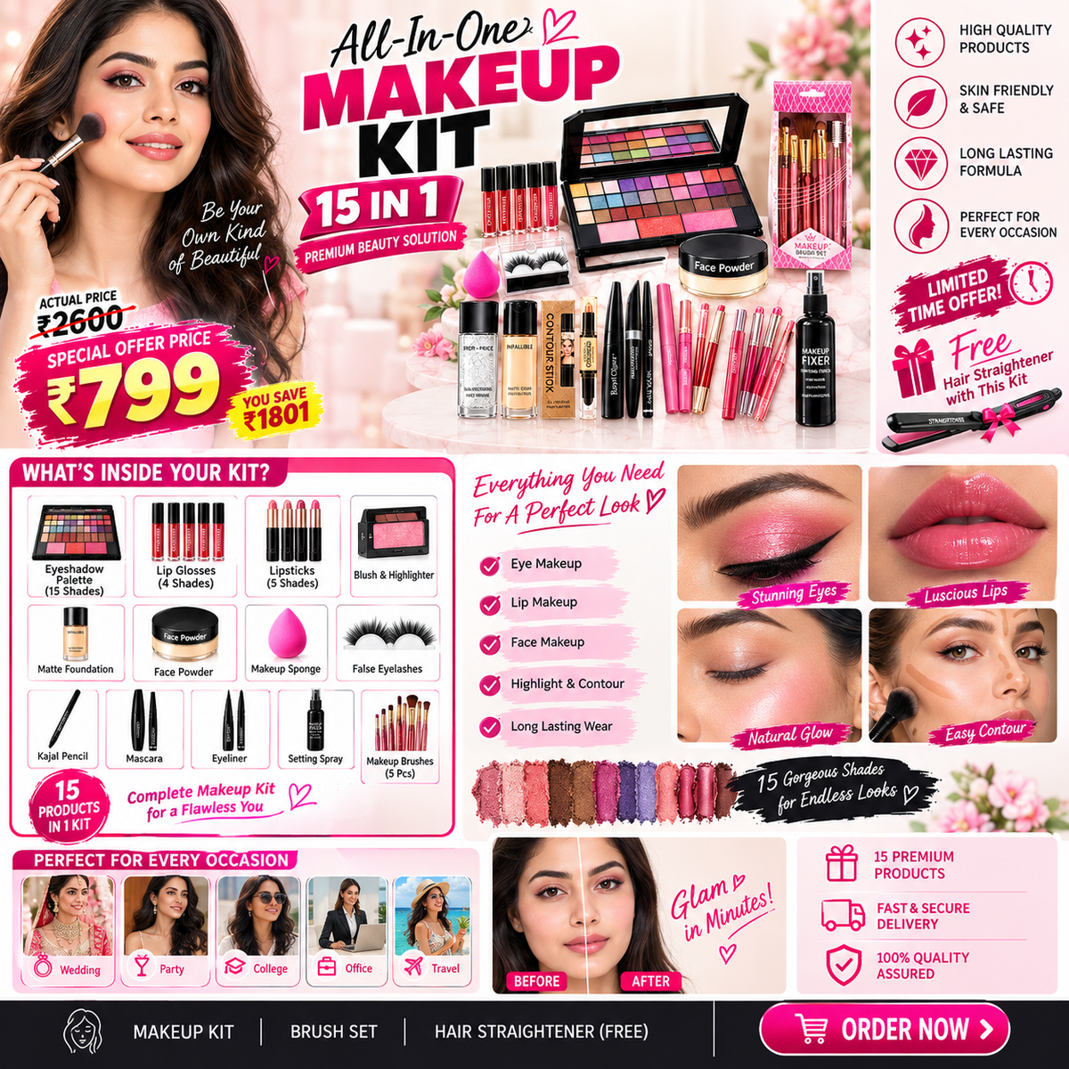 💄 15+ Products All-in-One Makeup Kit – Complete Beauty Kit at 799  | Get a FREE Hair Straightener