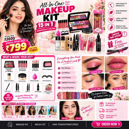 💄 15+ Products All-in-One Makeup Kit – Complete Beauty Kit at 799  | Get a FREE Hair Straightener