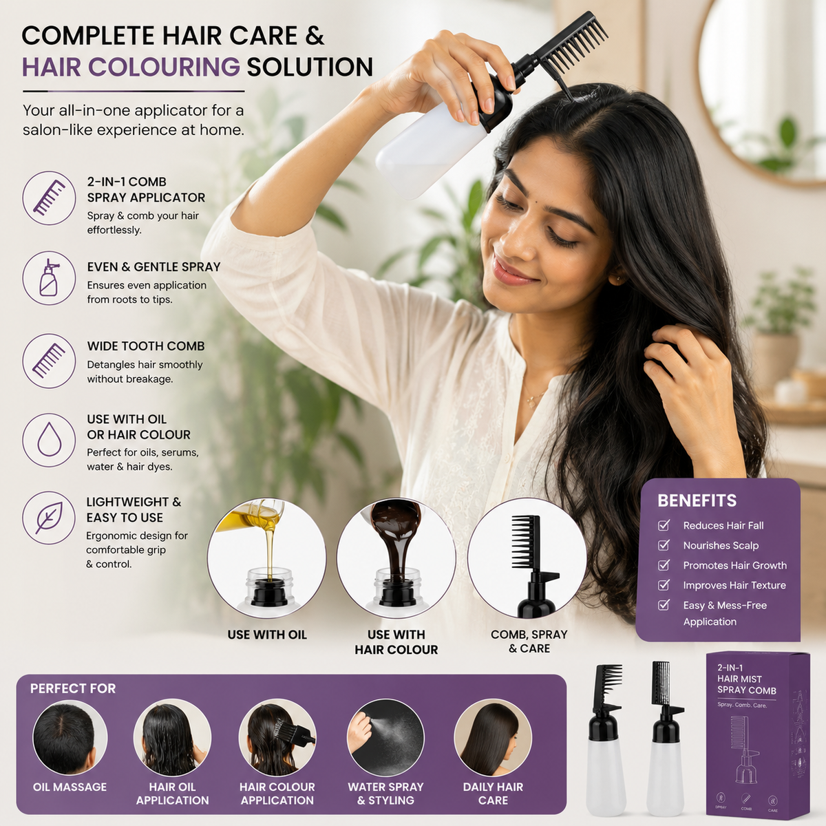 💜2-in-1 Hair Oil & Colour Applicator Comb | Easy & Mess-Free Hair Care 🪮✨