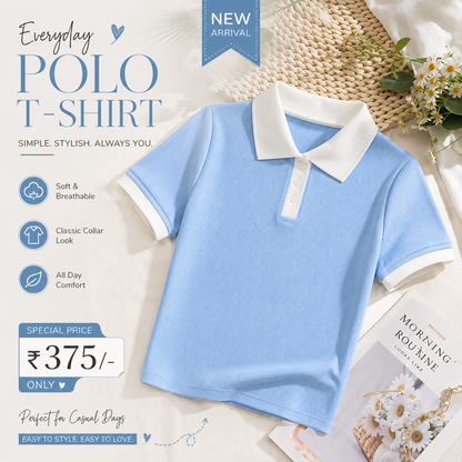 Women’s Ribbed Polo T-Shirt | Korean Style Collared Half Sleeve Top