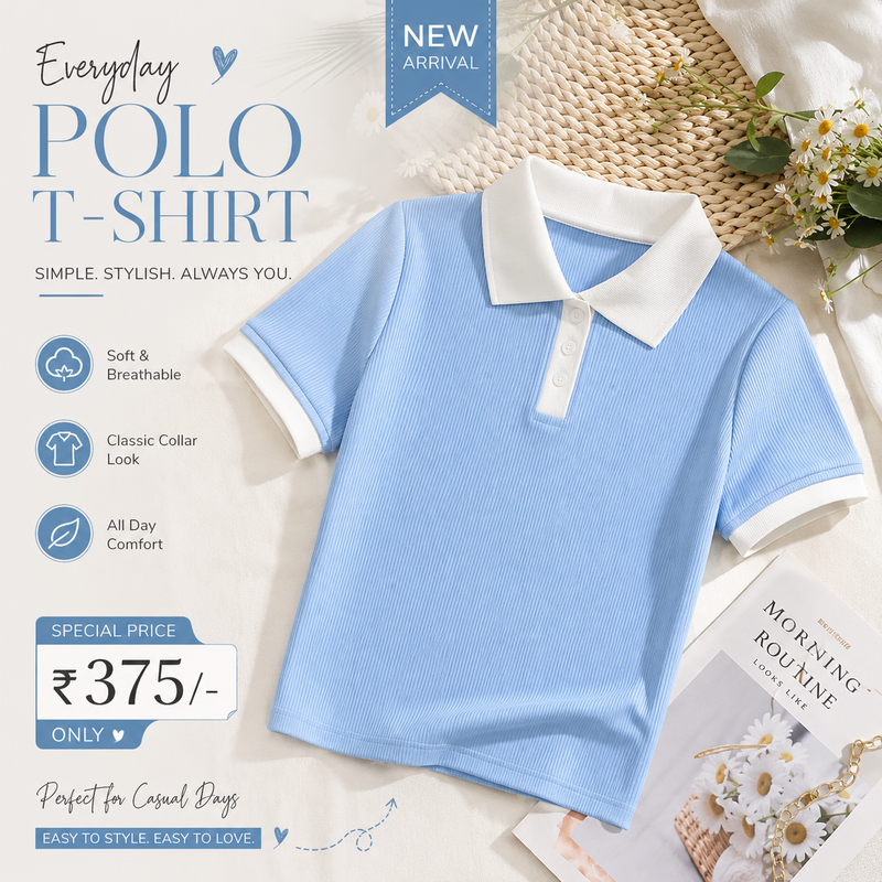 Women’s Ribbed Polo T-Shirt | Korean Style Collared Half Sleeve Top