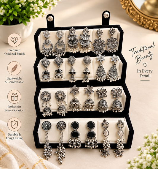 12 Pairs Traditional Oxidised Silver Earrings | Jhumka Combo Set