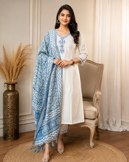 Premium Style™ White & Blue Embroidered Kurta Set with Designer Printed Dupatta