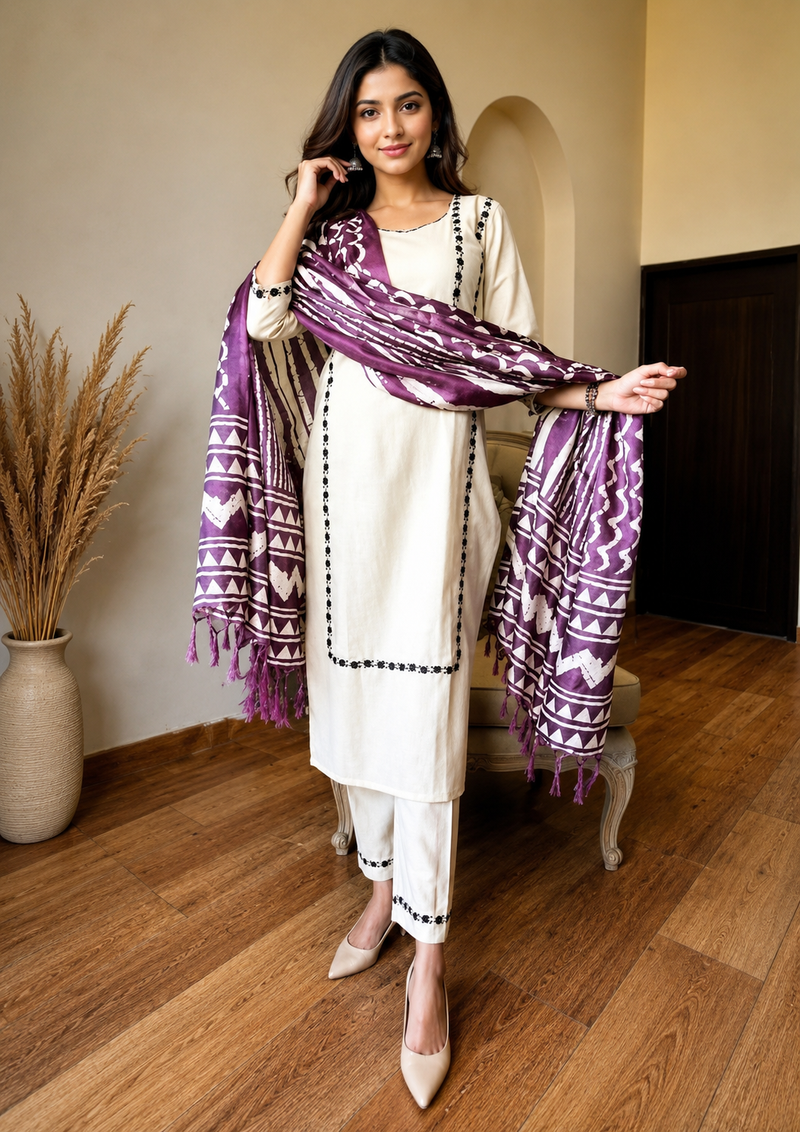 Elegant Purple & White Printed Cotton Suit Set with Dupatta™