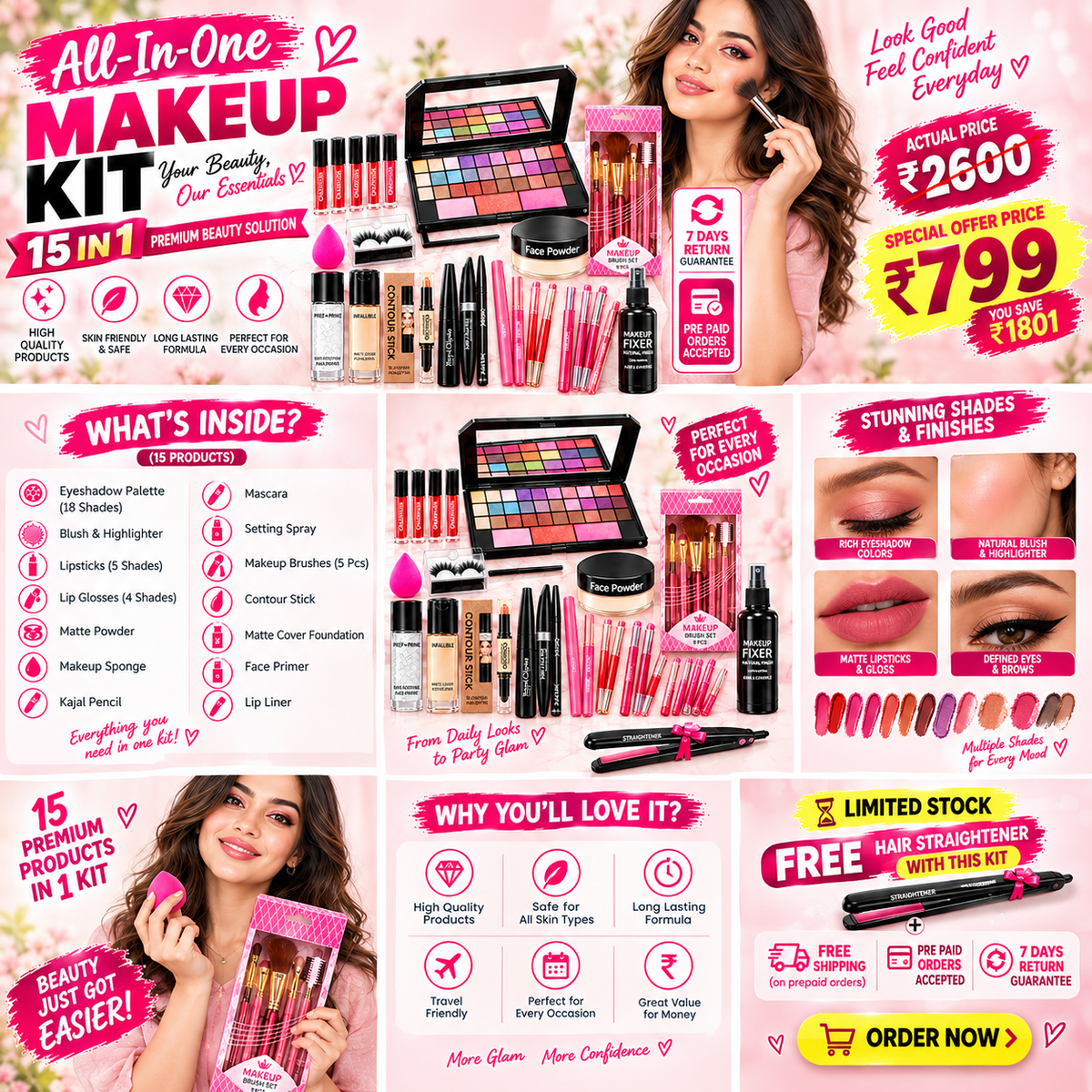 💄 15+ Products All-in-One Makeup Kit – Complete Beauty Kit at 799  | Get a FREE Hair Straightener