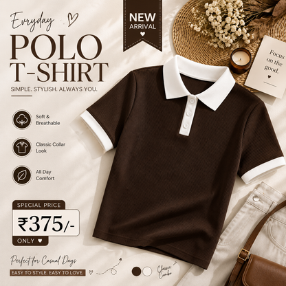 Women’s Ribbed Polo T-Shirt | Korean Style Collared Half Sleeve Top