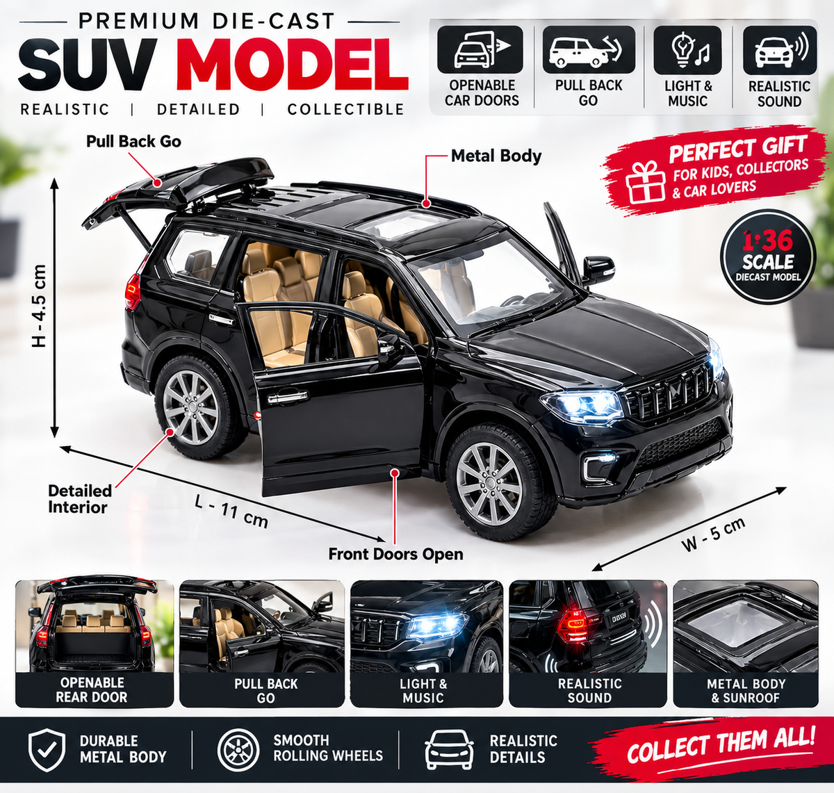 Scorpio-N Die Cast Metal Toy Car | 1:36 Scale | Pull Back & Openable Doors