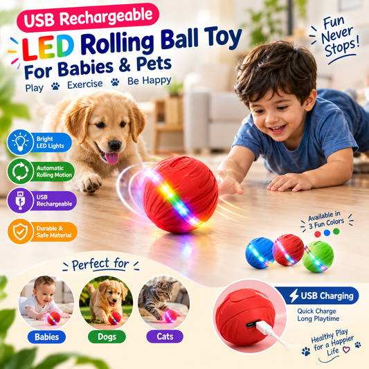 🐾 USB Rechargeable LED Rolling Ball Toy for Kids & Pets
