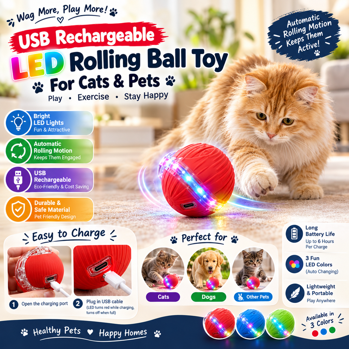 🐾 USB Rechargeable LED Rolling Ball Toy for Kids & Pets