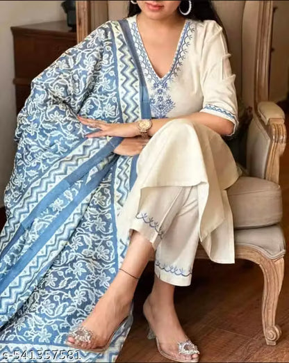 Premium Style™ White & Blue Embroidered Kurta Set with Designer Printed Dupatta