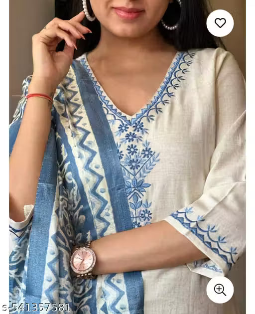 Premium Style™ White & Blue Embroidered Kurta Set with Designer Printed Dupatta