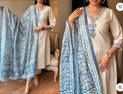Premium Style™ White & Blue Embroidered Kurta Set with Designer Printed Dupatta