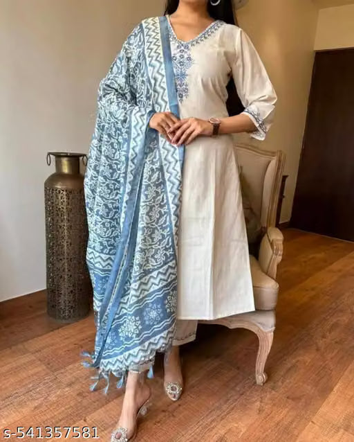 Premium Style™ White & Blue Embroidered Kurta Set with Designer Printed Dupatta