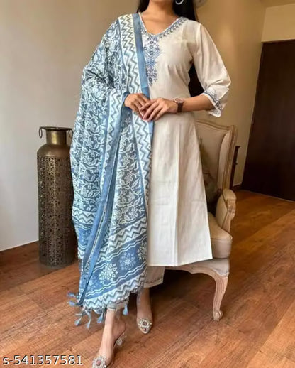 Premium Style™ White & Blue Embroidered Kurta Set with Designer Printed Dupatta