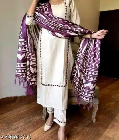 Elegant Purple & White Printed Cotton Suit Set with Dupatta™