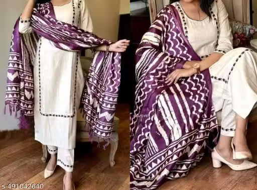 Elegant Purple & White Printed Cotton Suit Set with Dupatta™