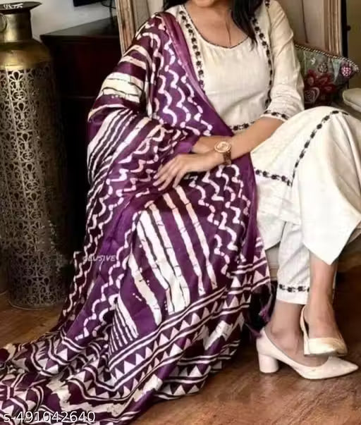 Elegant Purple & White Printed Cotton Suit Set with Dupatta™