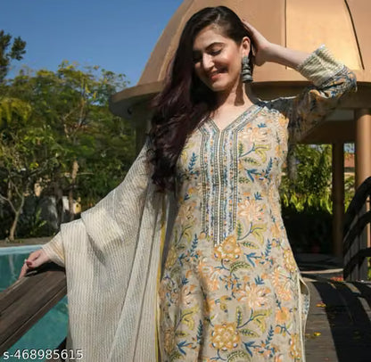 Floral Printed Cotton Suit Set with Dupatta™