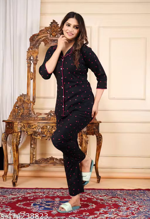 Stylish Black Printed Cotton Night Suit Set for Women™
