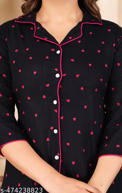 Stylish Black Printed Cotton Night Suit Set for Women™