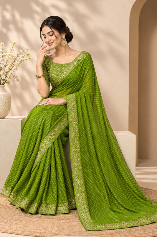 Bandhani Printed Georgette Saree with Banarasi Lace Border & Unstitched Blouse Piece™ | New Arrival