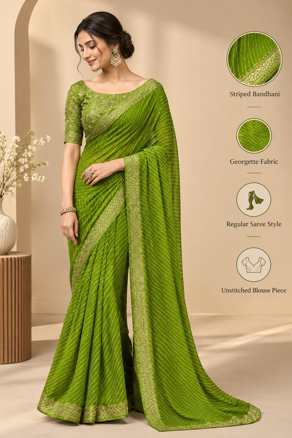 Bandhani Printed Georgette Saree with Banarasi Lace Border & Unstitched Blouse Piece™ | New Arrival
