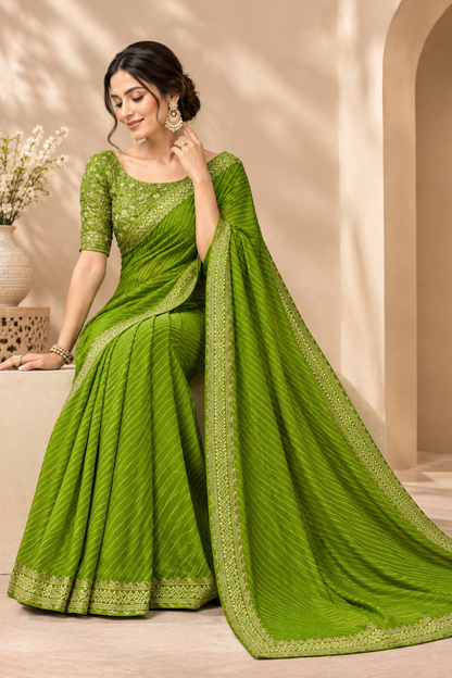 Bandhani Printed Georgette Saree with Banarasi Lace Border & Unstitched Blouse Piece™ | New Arrival